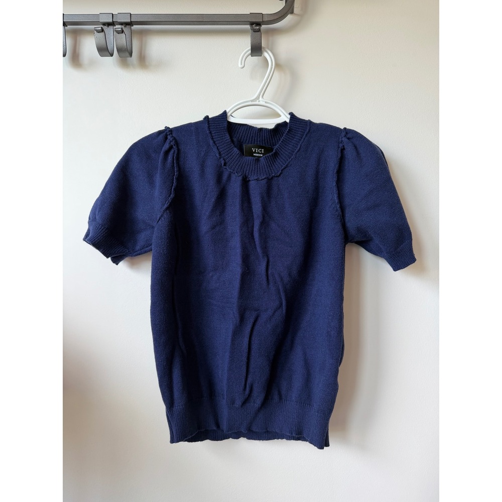 VICI Dolls Navy Blue Puff Sleeve Knit Sweater Top Crew Neck Medium